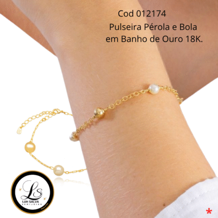 Pulseira Pérola e Bola em Banho de Ouro 18K.