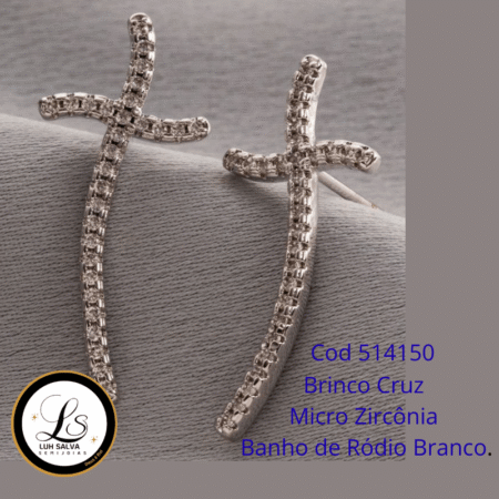 Brinco Cruz  Micro Zircônia  Banho de Ródio Branco.