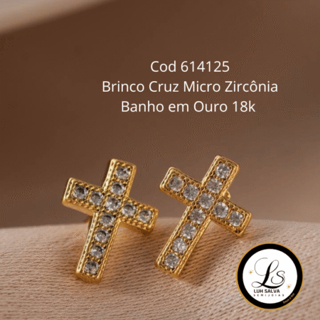 Brinco Cruz Micro Zircônia  Banho em Ouro 18k