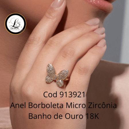 Anel Borboleta Micro Zircônia  Banho de Ouro 18K