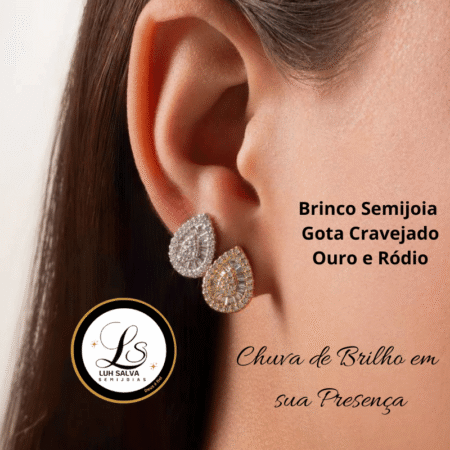 Brinco Semijoia Gota Cravejado Ouro e Ródio