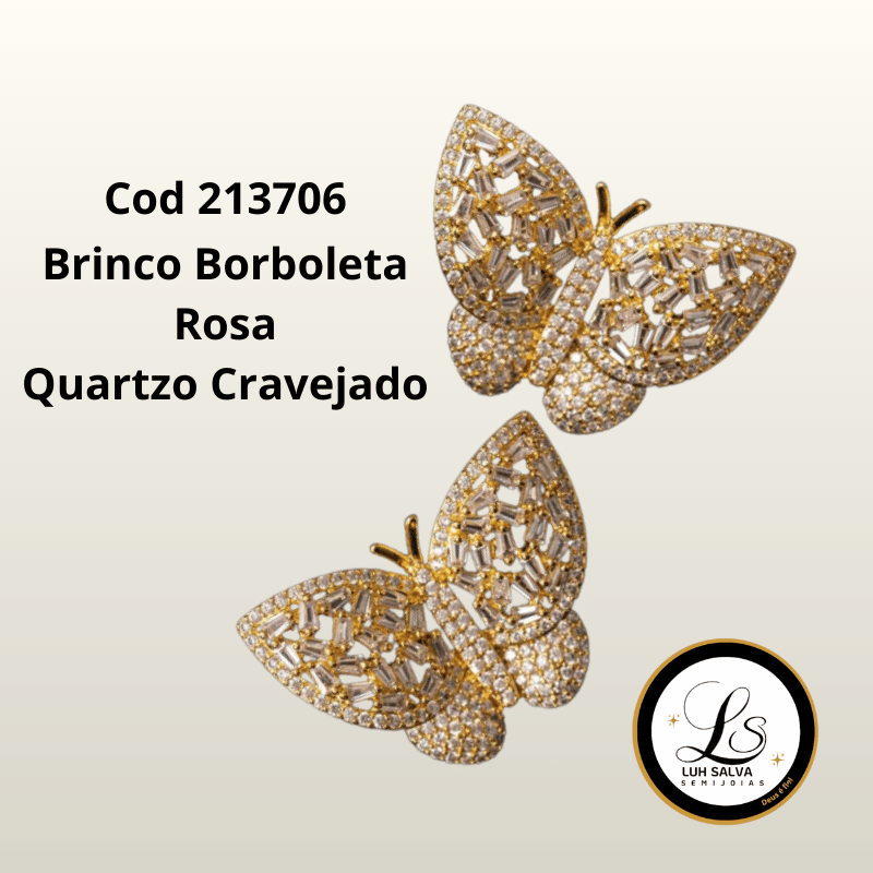 Brinco Borboleta Rosa Quartzo Cravejado - Imagem 2