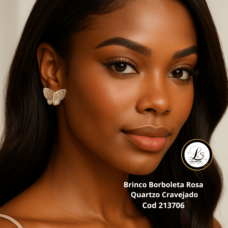 Brinco Borboleta Rosa Quartzo Cravejado